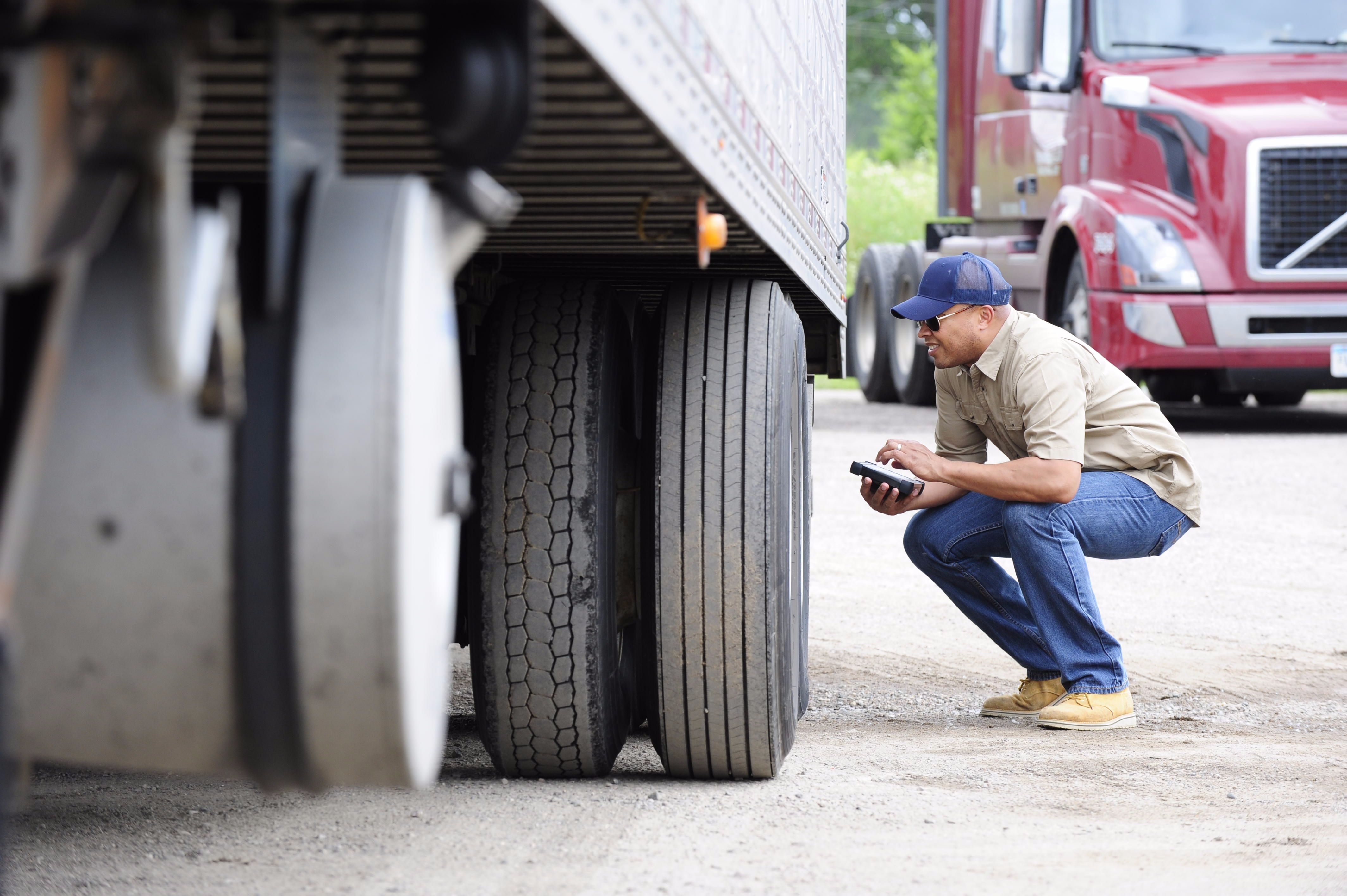 Commercial vehicle brake inspection during CVSA Brake Safety Week