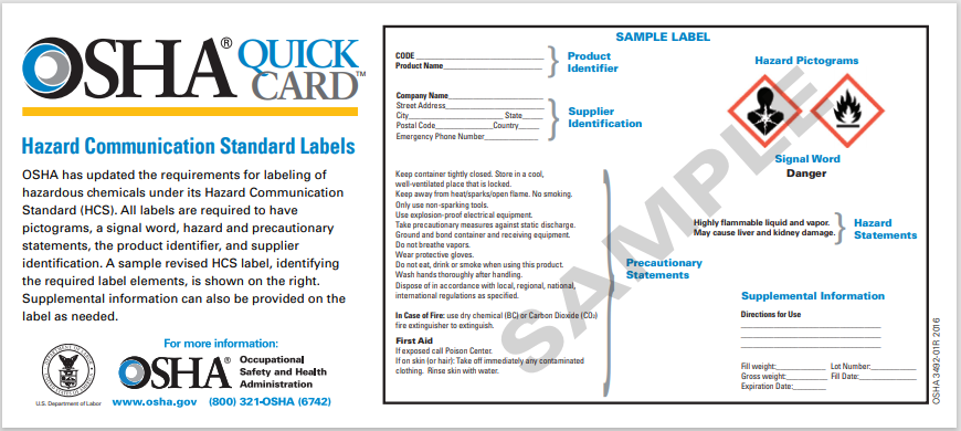 OSHA Quick Card sample label for hazardous chemicals