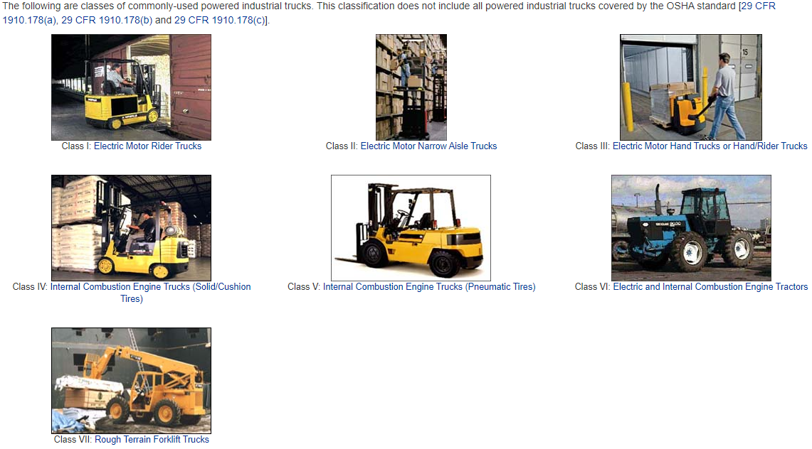 OSHA powered industrial truck classes illustration