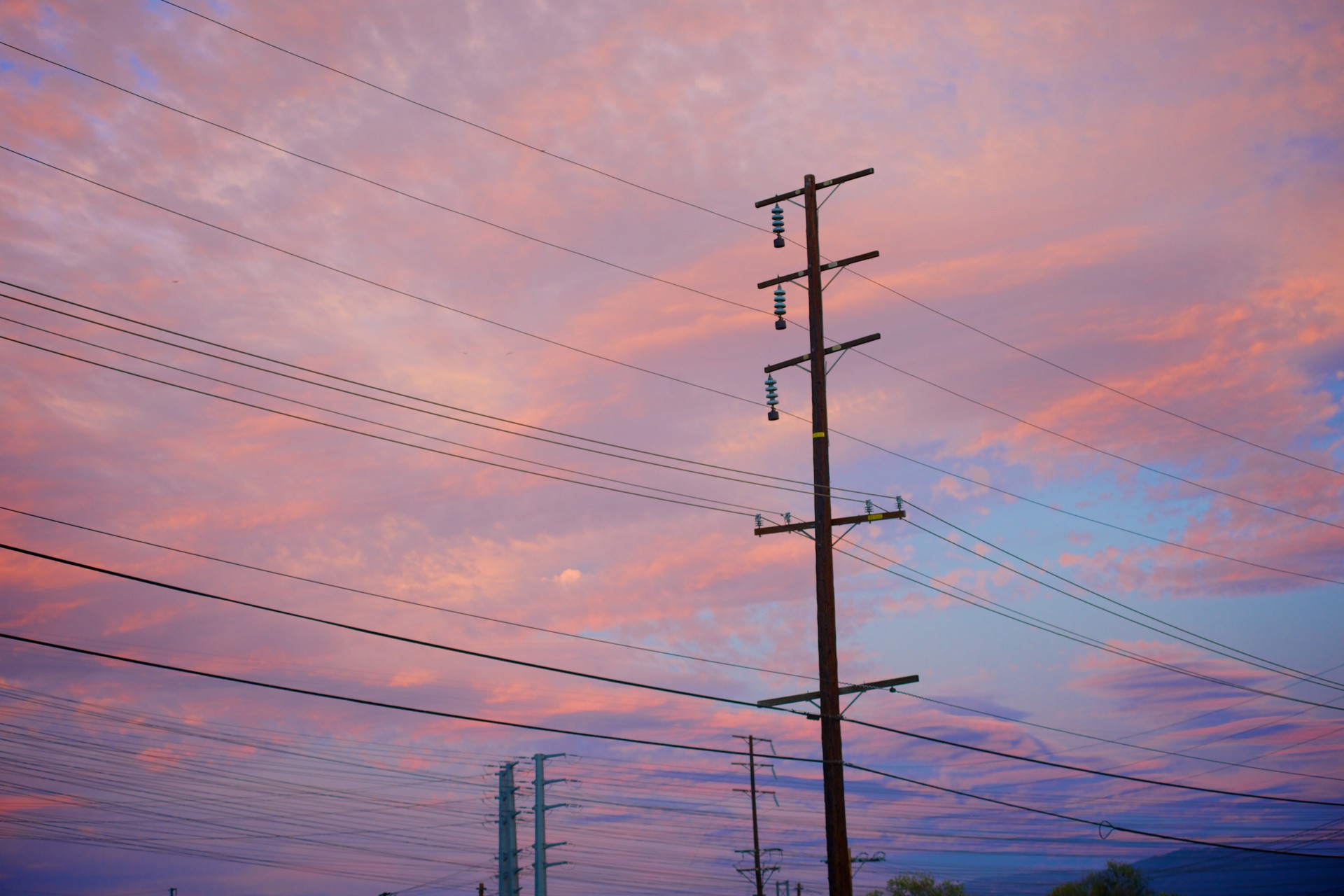 Electric power lines at sunset